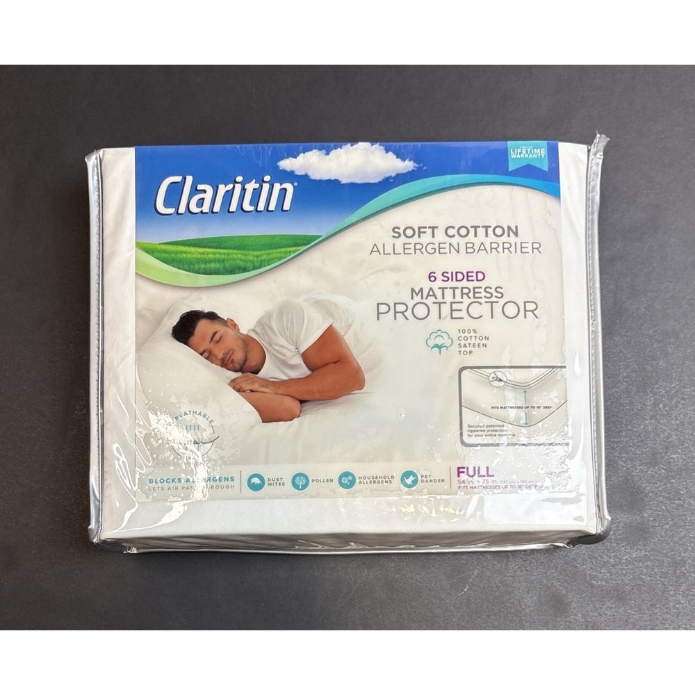 Claritin Soft Cotton Allergen Barrier 6-Sided‎ Mattress Protector Size Full